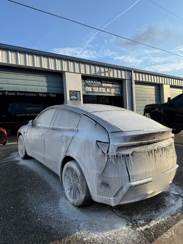 Tesla in foam during a hand wash