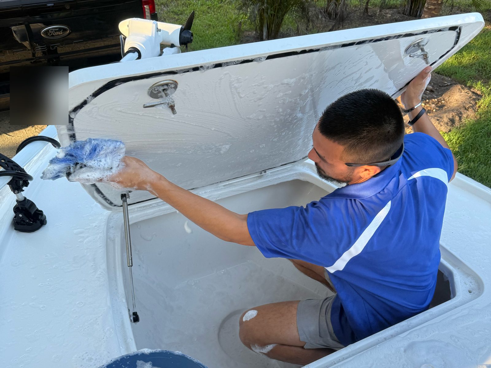 Hand-washing a deck hatch