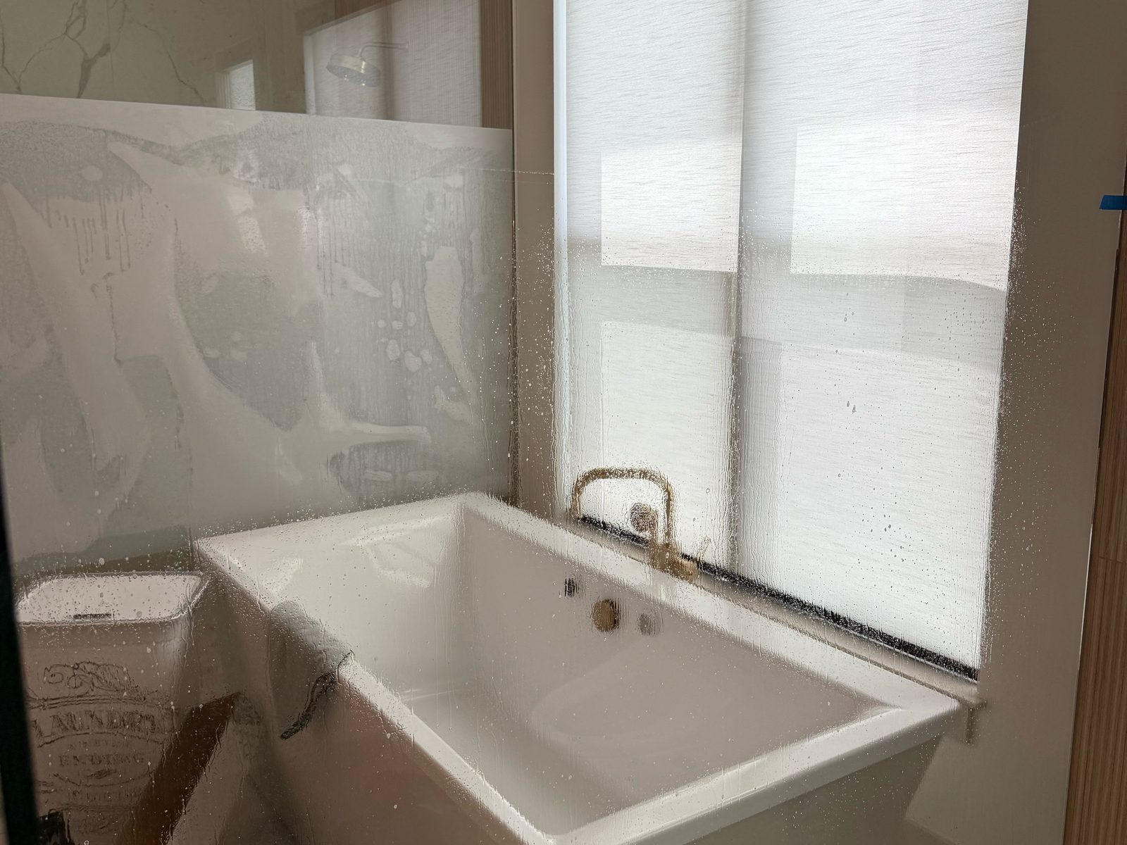 Freestanding tub beside the frosted shower glass